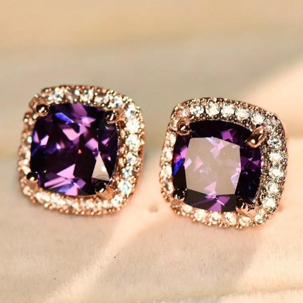 Purple Amethyst Halo Earrings - Picture 8 of 8